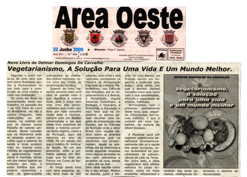 Lançamento do livro VEGETARIANISMO foi noticiado pelo Jornal ÁREA OESTE, de Portugal